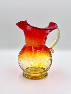 Vintage MCM Amberina Crackle Glass Mini Pitcher Ruffled Rim - Red and Yellow